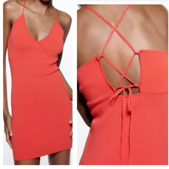 ZARA WATERMELON RED BANDAGE KNIT CUT OUT LACE UP CROSS BACK DRESS $49.90 - Picture 1 of 9